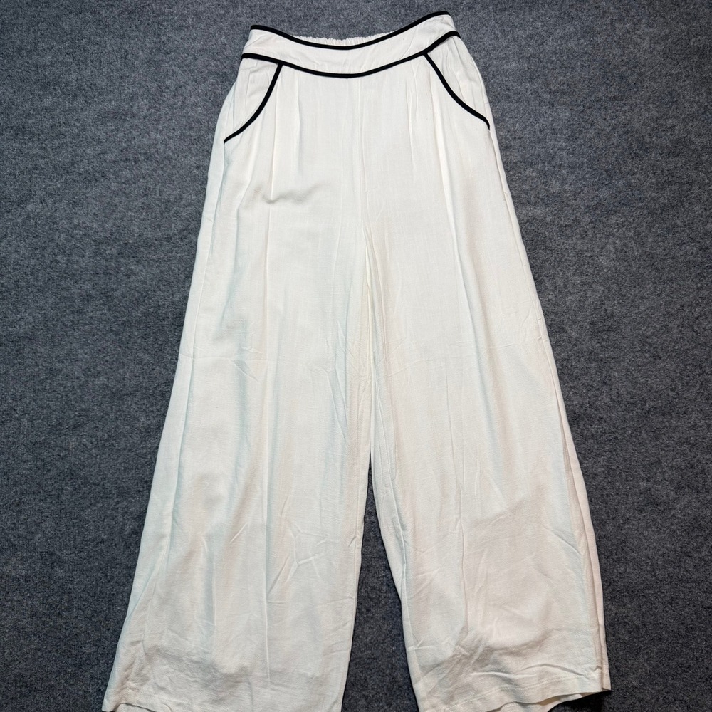 SIENNA SKY Wide Leg Linen Blend Pants White Black Piping Trousers‎ Medium